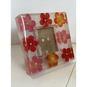 Acrylic Lucite Mod 3D Encased Pink Silk Flower Vtg  5.5" Frame for 3" Photo